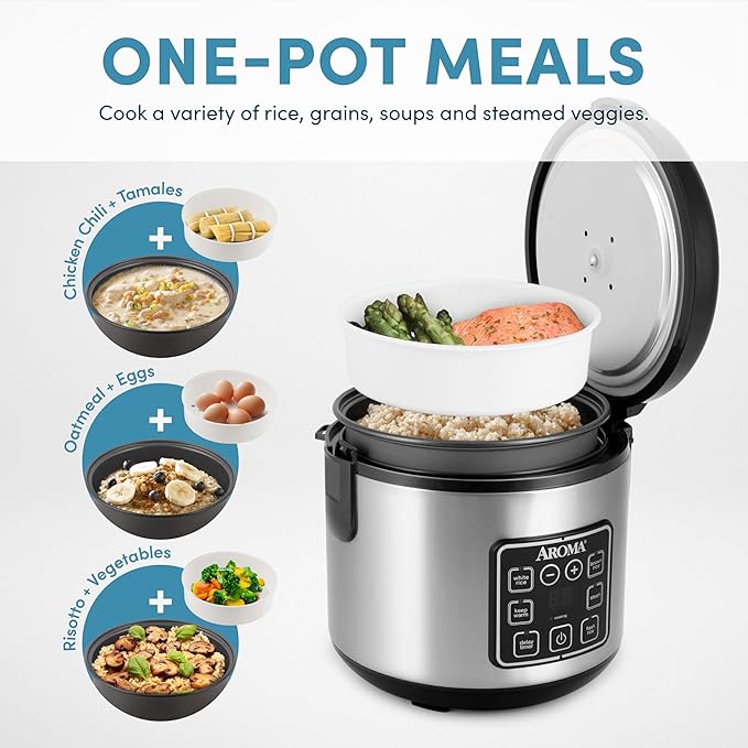 AROMA Digital Rice Cooker, 4-Cup (Uncooked) / 8-Cup (Cooked), Steamer, Grain Cooker, Multicooker, 2 Qt, Stainless Steel Exterior, ARC-914SBD - Luxorafy