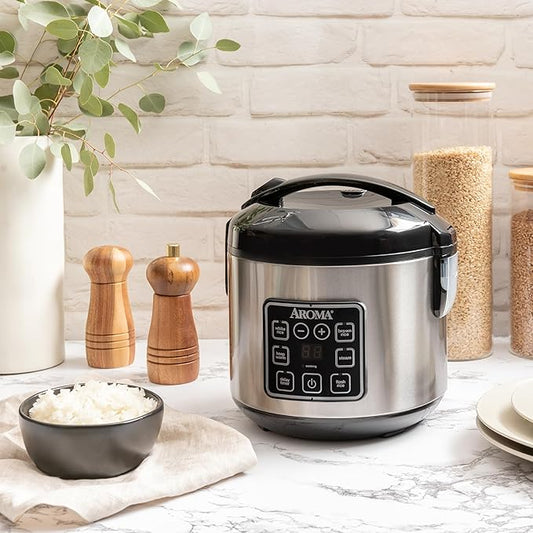 AROMA Digital Rice Cooker, 4-Cup (Uncooked) / 8-Cup (Cooked), Steamer, Grain Cooker, Multicooker, 2 Qt, Stainless Steel Exterior, ARC-914SBD - Luxorafy